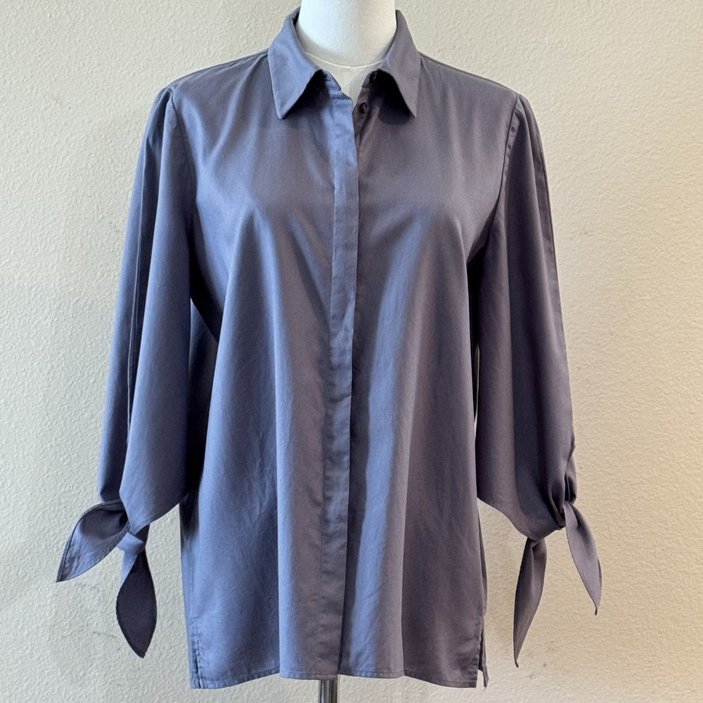 Lafayette 148 New York Shirt S Blue Gray Cotton Tie Sleeve Button Front Blouse